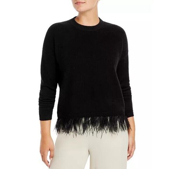 Bloomingdale's Sweaters - C by Bloomingdale's Black Ostrich Feather Trim Cashmere Crewneck Sweater Sz S